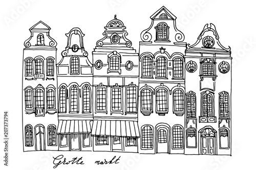 Vector sketch of Traditional architecture in the town of Bruges (Brugge), Belgium