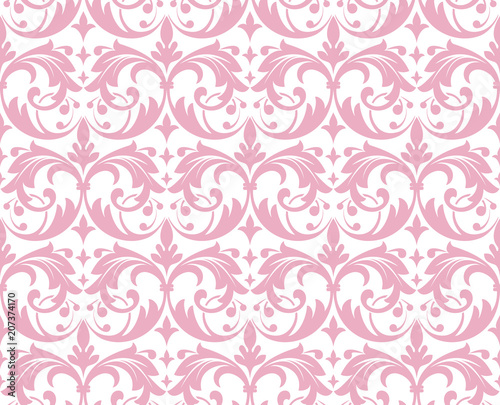 Wallpaper in the style of Baroque. A seamless vector background. White and pink floral ornament. Graphic pattern for fabric, wallpaper, packaging. Ornate Damask flower ornament