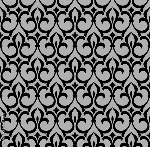 Wallpaper in the style of Baroque. A seamless vector background. Black floral ornament. Graphic pattern for fabric, wallpaper, packaging. Ornate Damask flower ornament