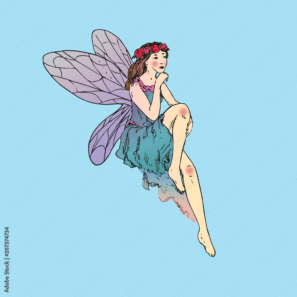 Beautiful young fairy sitting in turquoise dress and wreath of red roses, hand drawn outline doodle sketch, vector illustration Beautiful young fairy sitting in turquoise dress and wreath of red roses, hand drawn outline doodle sketch, vector illustration