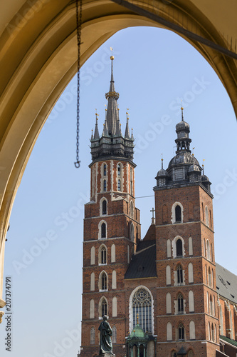 Tower of St. Mary Basilica ( Mariacki) on Main Market Square, Krakow, Poland.