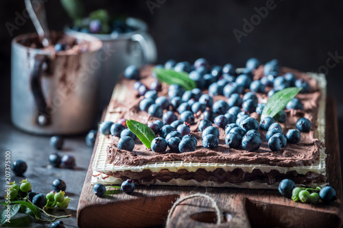 Sweet wafers with fresh blueberries and chocolate cream