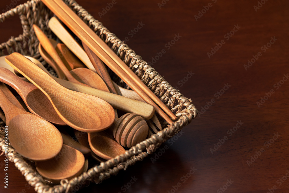 wooden kitchen utensils on the table wooden kitchen utensils on the table