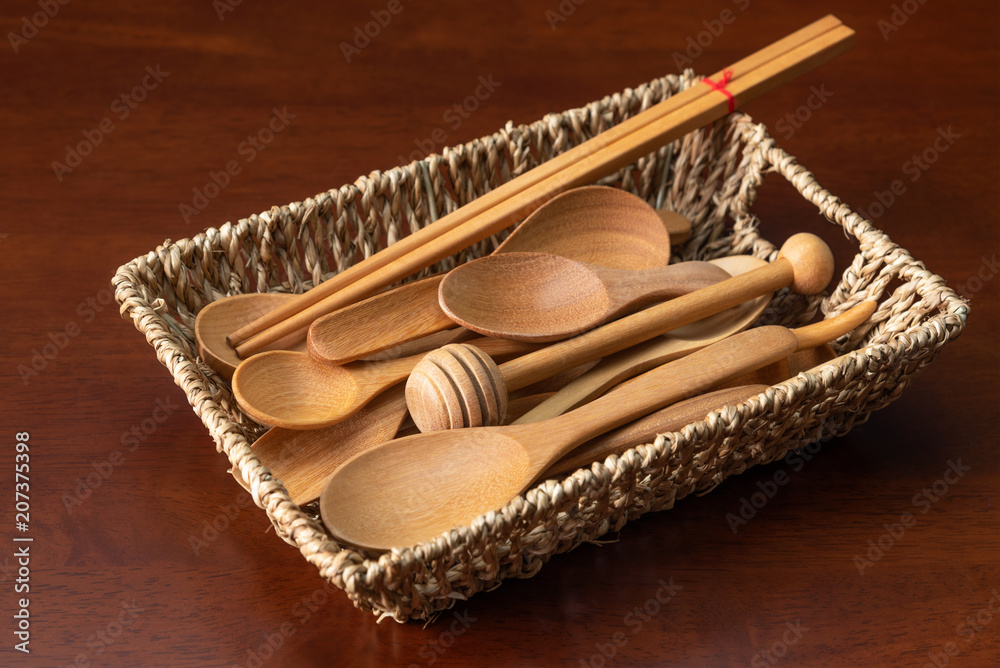 wooden kitchen utensils on the table wooden kitchen utensils on the table
