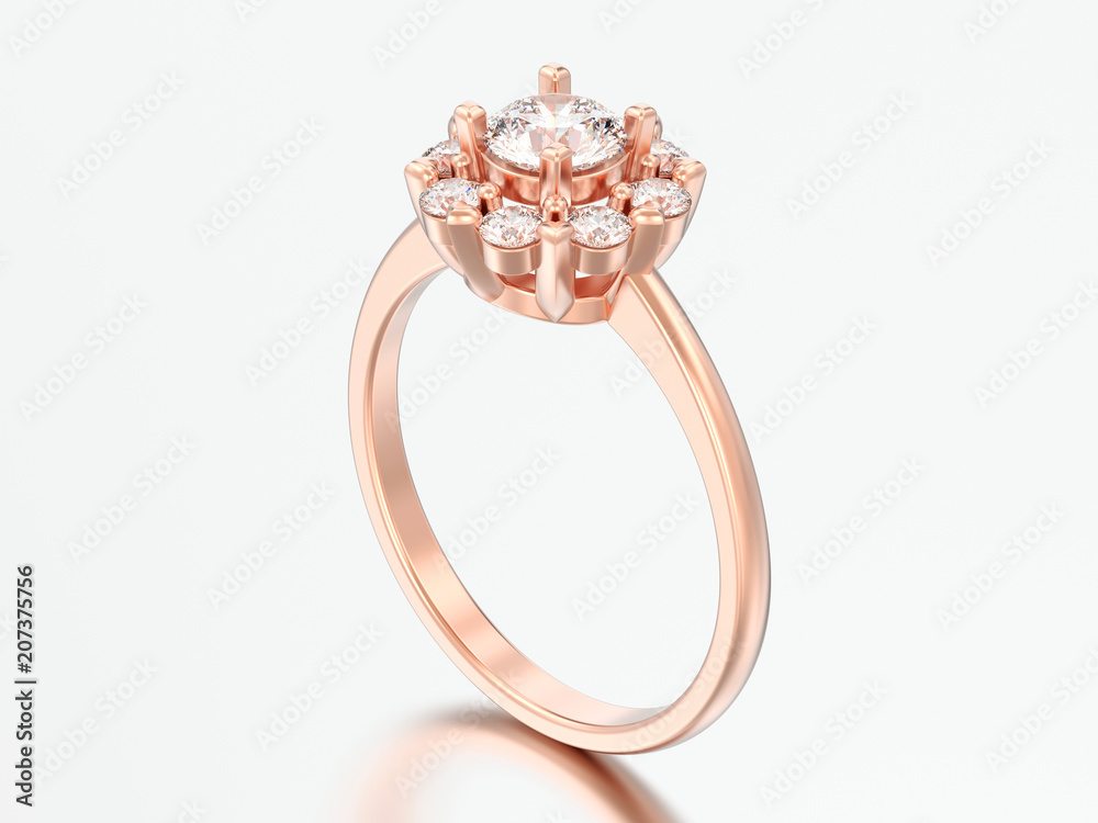 3D illustration rose gold halo wedding diamond ring with heart prongs