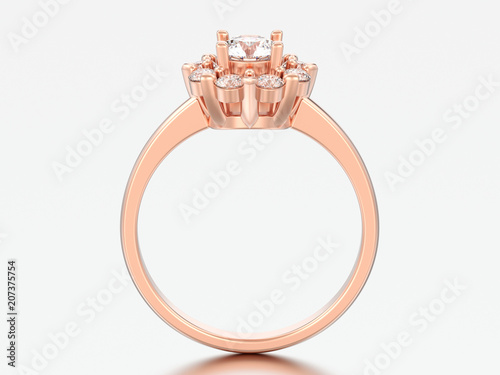 3D illustration rose gold halo wedding diamond ring with heart prongs