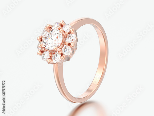 3D illustration rose gold halo wedding diamond ring with heart prongs