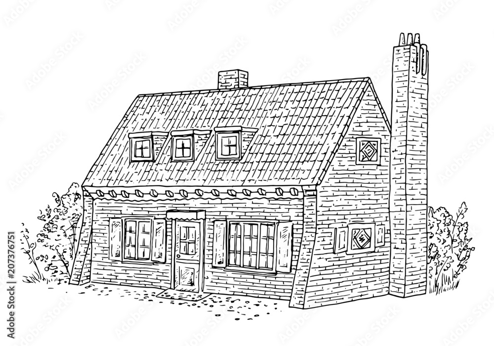 Dutch home - old style Netherlands village house building. Hand drawn illustration.