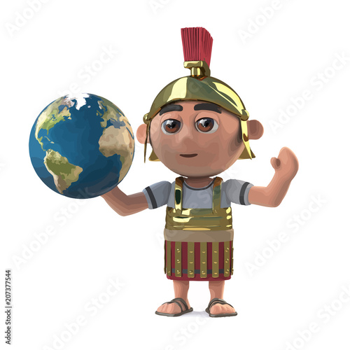 Vector 3d Roman Centurion holds a globe of the Earth