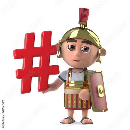 Vector 3d Funny cartoon Roman centurion soldier character holds a hash tag symbol