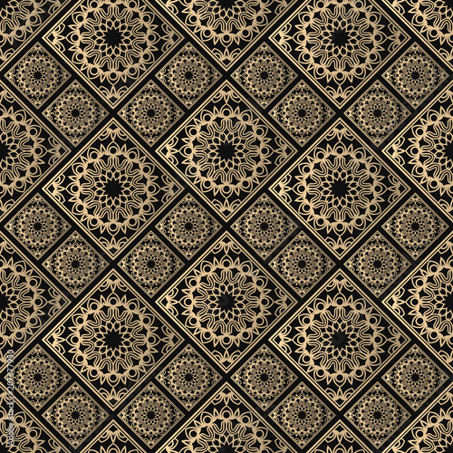 Islamic vector design. Seamless pattern oriental ornament. Black and golden textile print. Floral tiles.