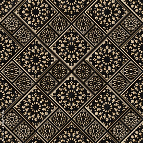 Islamic vector design. Seamless pattern oriental ornament. Black and golden textile print. Floral tiles.