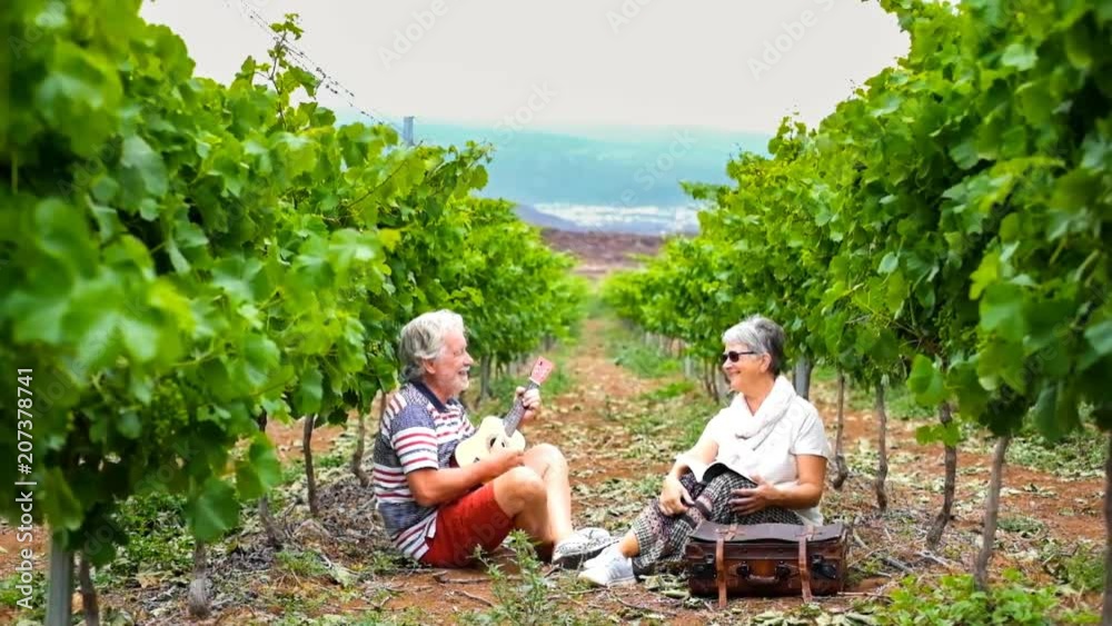nice beautiful adult couple staying together outdoor leisure playing ukulele acoustic little guitar while are in love forever together from all the life. countryfarm vineyard place in tenerife oceanic