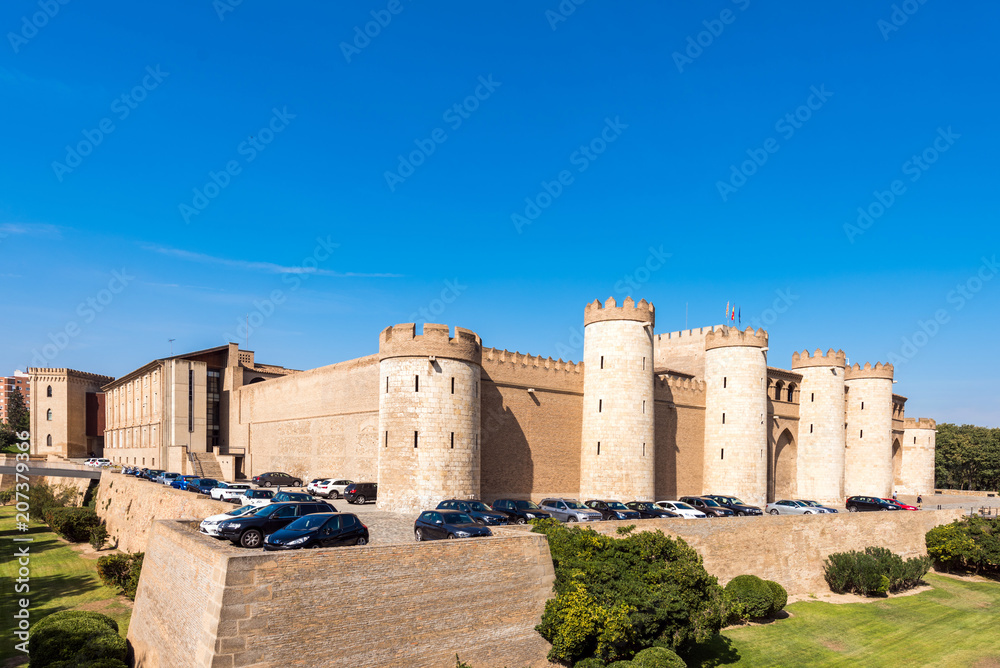 ZARAGOZA, SPAIN - SEPTEMBER 27, 2017: View of the palace Aljaferia, built in the 11th century. Copy space for text.