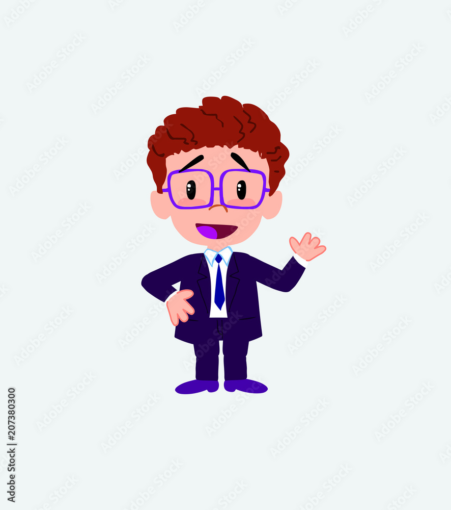 Businessman with glasses waving, happy.