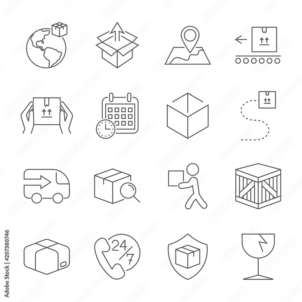 Delivery. Set of outline icons. Includes such as downloading, express delivery, search tracking number, courier and more. Editable stroke. Delivery. Set of outline icons. Includes such as downloading, express delivery, search tracking number, courier and more. Editable stroke.
