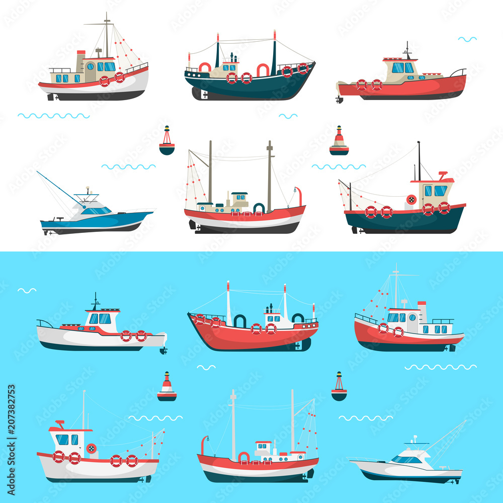 Fishing boats side view and buoys with blue sea background and isolated on white. Side view illustration. Fishing boats side view and buoys with blue sea background and isolated on white. Side view illustration.