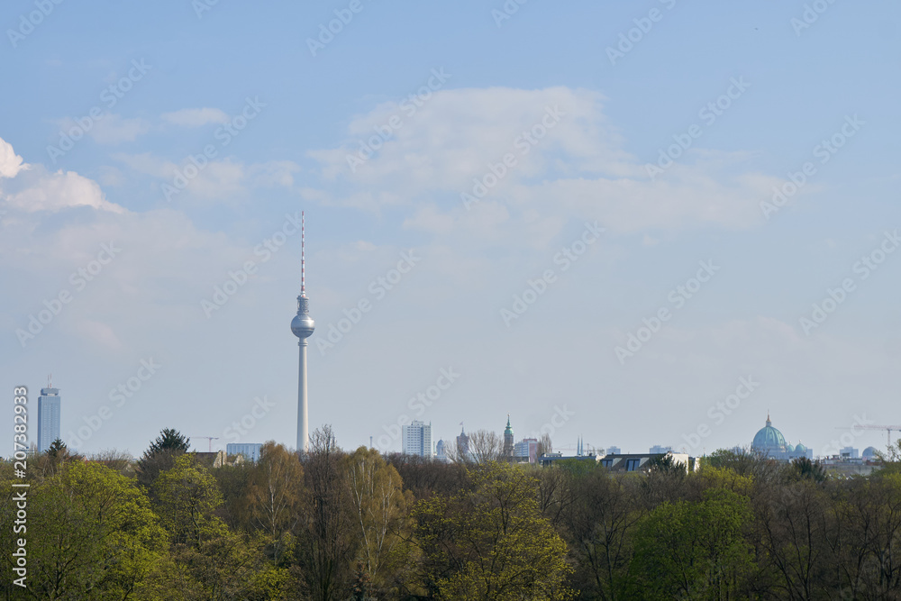 Nice sunny view over berlin. Including the TV Tower on alexanderplatz and the townhall and the berlin dome
