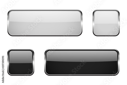Black and white square glass buttons with metal frame. Set of 3d icons