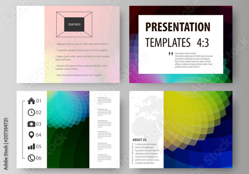 Set of business templates for presentation slides. Easy editable layouts in flat style, vector illustration. Colorful design with overlapping geometric shapes forming abstract beautiful background.