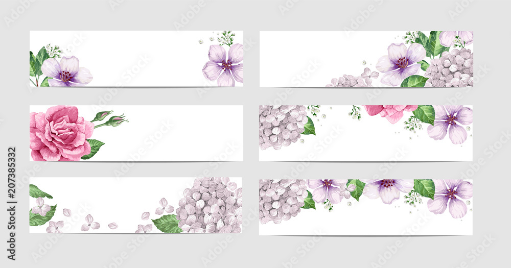 Rose Floral banner template in watercolor style.