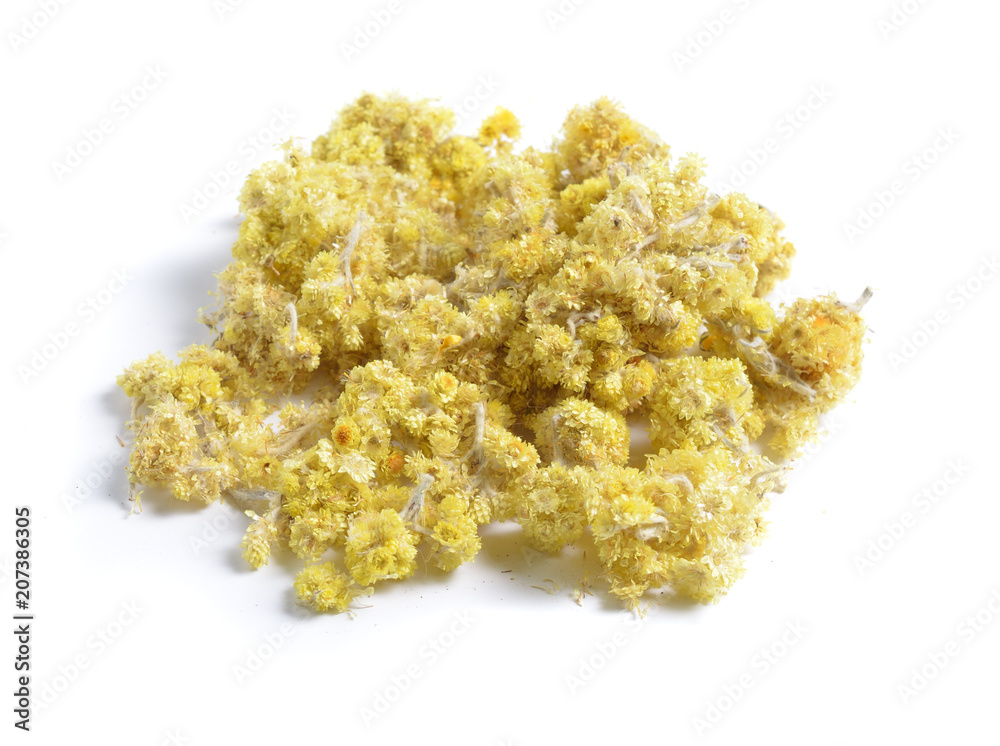 Dried medicinal herbs raw materials isolated on white. Flowers Helichrysum arenarium