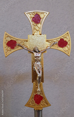 Cross on the altar in the Mother Teresa cathedral in Vau i Dejes, Albania. photo