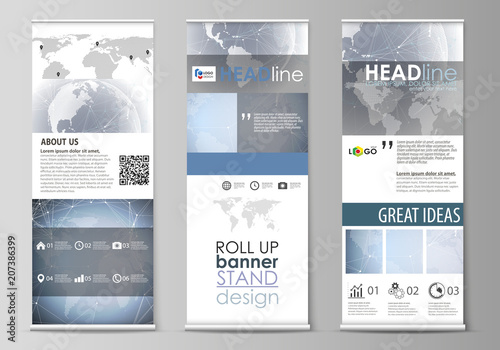 The minimalistic vector illustration of the editable layout of roll up banner stands, vertical flyers, flags design business templates. Abstract futuristic network shapes. High tech background.