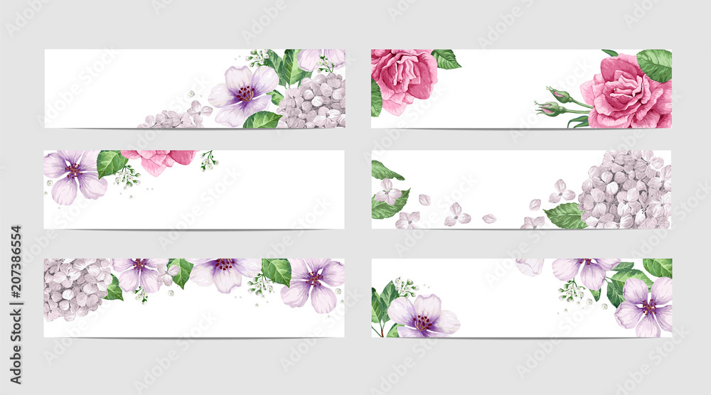 Rose Floral banner template in watercolor style.