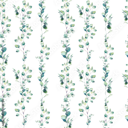 Eucalyptus seamless pattern. Watercolor green branches with leaves on white background. Hand drawn natural wallpaper design