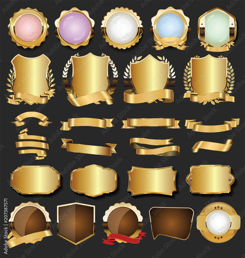 Golden retro labels badges frames and ribbons collection Golden retro labels badges frames and ribbons collection