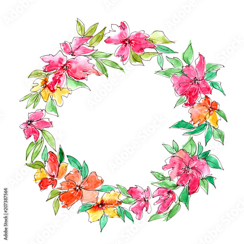Watercolor flowers frame. Floral decorative elements, Drawing flowers for greeting card decor. Wedding invitation frame.