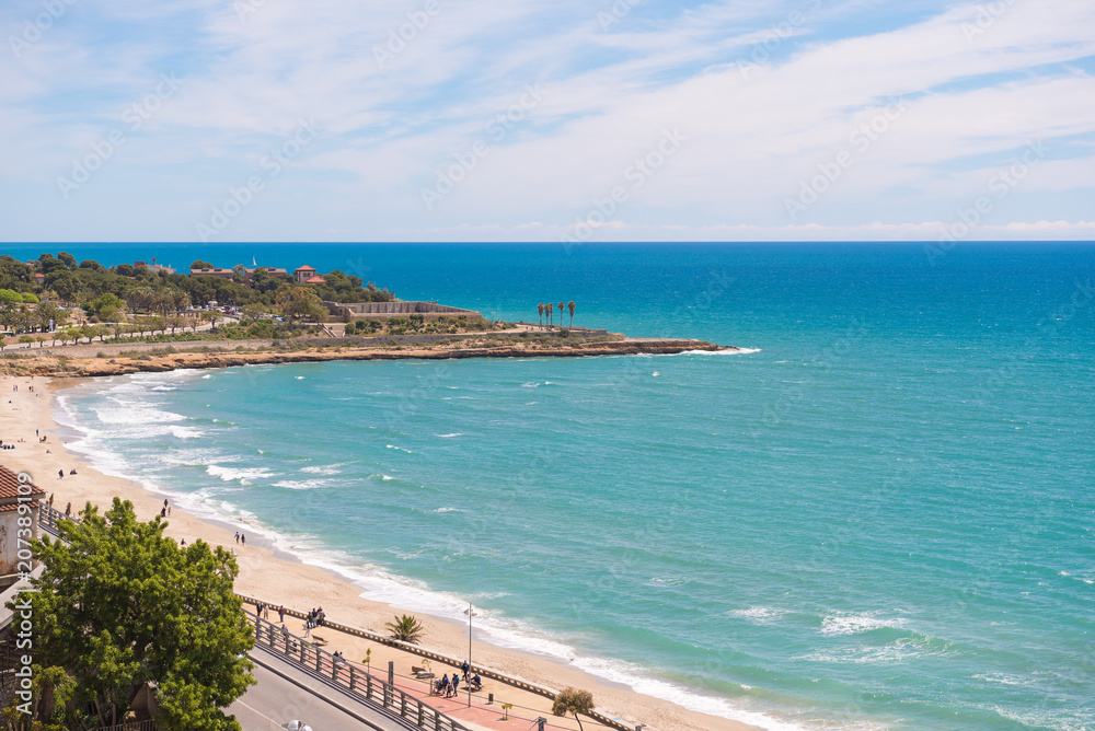TARRAGONA, SPAIN – MAY 1, 2017: Spain, Catalunya, Tarragona, View of the beach. Copy space for text.