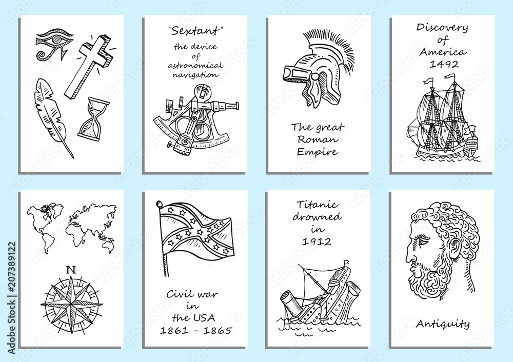 Set of eight creative cards. Hystory themes in sketch style. Vector illustration in doodle style.