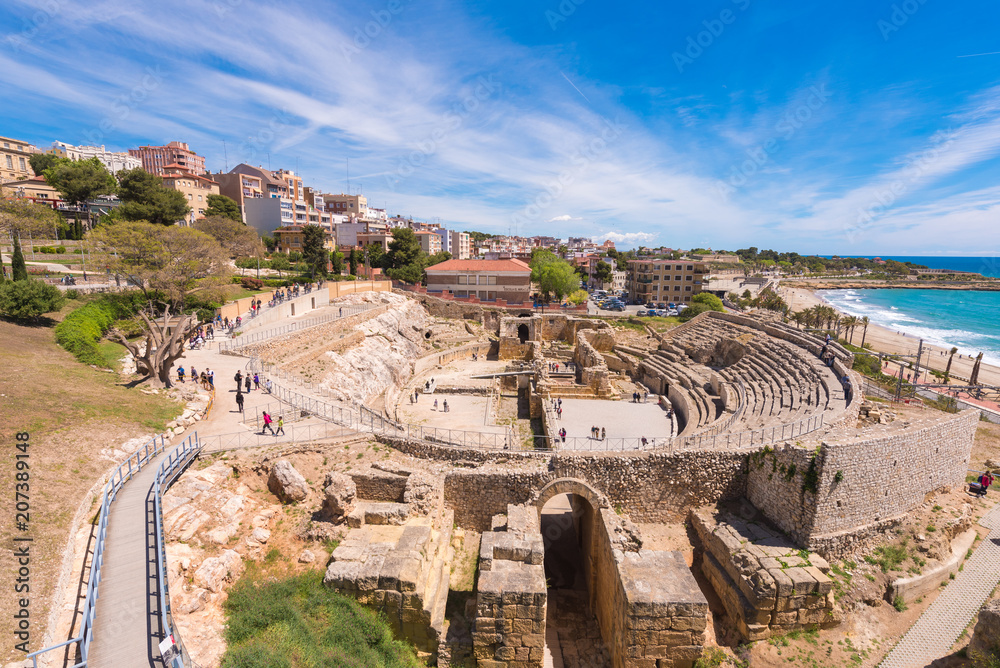 TARRAGONA, SPAIN – MAY 1, 2017: Roman Amphitheater, Costa Daurada, Catalunya. Copy space for text.