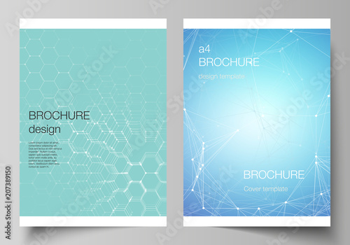 The vector layout of A4 format cover mockups design templates for brochure, flyer, report. Technology, science, medical concept. Molecule structure, connecting lines and dots. Futuristic background