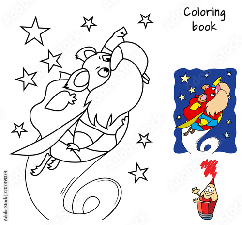 Superhero hamster flying. Coloring book. Cartoon vector illustration