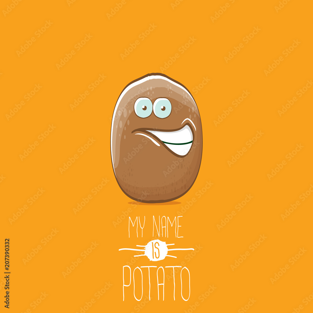 vector brown potato cartoon character isolated on orange background. My name is potato vector concept illustration. funky summer vegetable food character