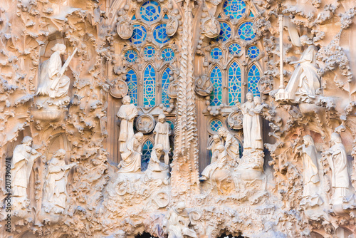 BARCELONA, SPAIN - FEBRUARY 16, 2017: Cathedral of Sagrada Familia. The famous project of Antonio Gaudi. Sculptures, close-up.