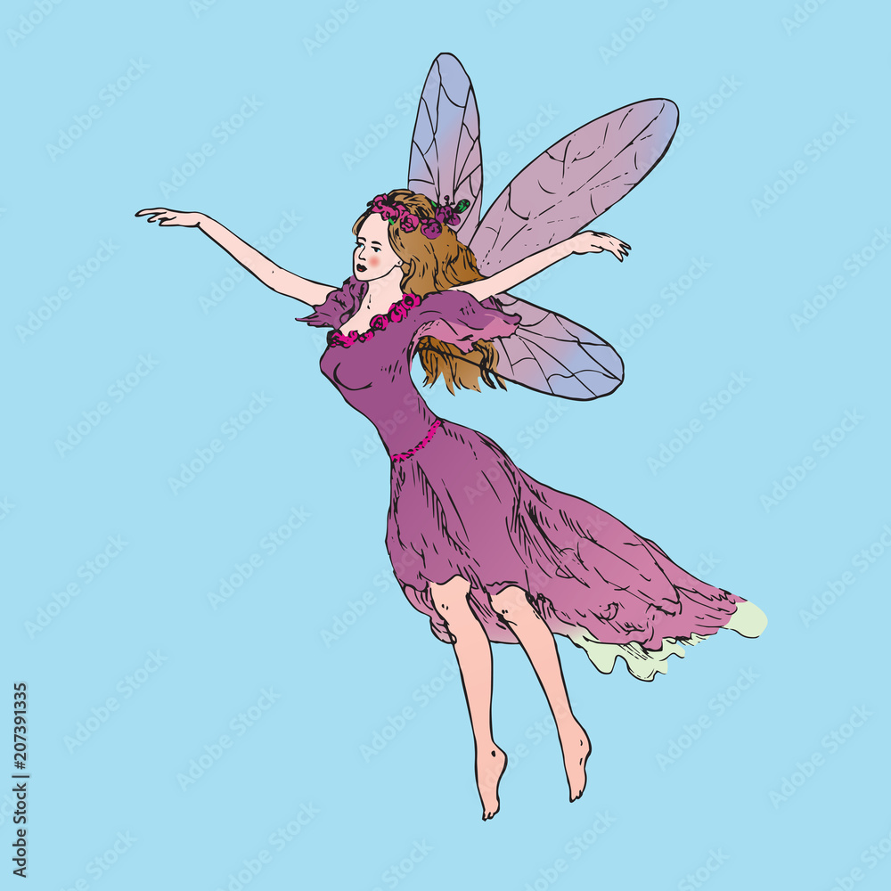Beautiful young fairy dancing and flying in wind in pink dress, hand drawn outline doodle sketch, vector illustration Beautiful young fairy dancing and flying in wind in pink dress, hand drawn outline doodle sketch, vector illustration