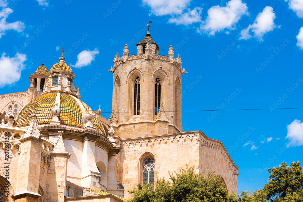 TARRAGONA, SPAIN – MAY 1, 2017: Tarragona Cathedral (Catholic cathedral) on a sunny day. Copy space for text