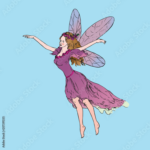 Beautiful young fairy dancing and flying in wind in pink dress, hand drawn outline doodle sketch, vector illustration