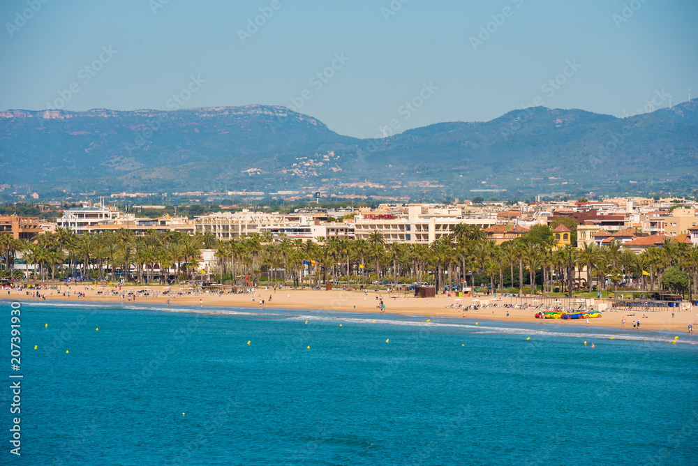 Beach landscape of the Costa Dorada, Tarragona, Catalanya, Spain. Copy space for text.