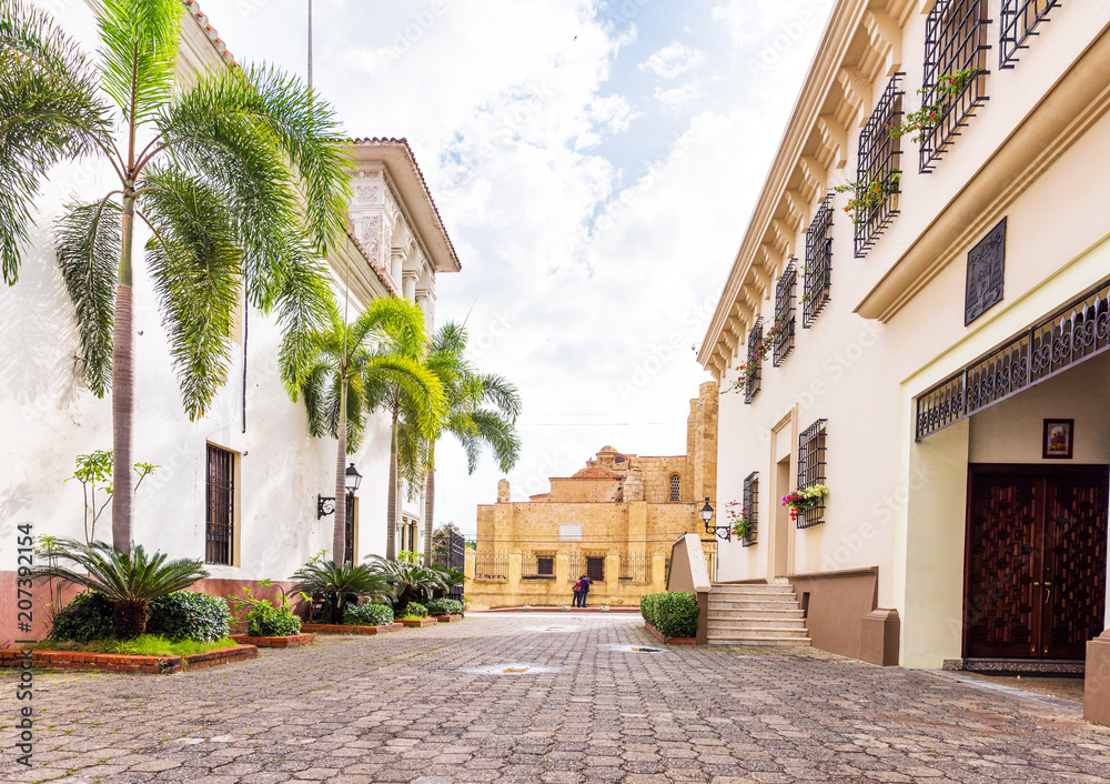 View of the historic street of the city, Santo Domingo, Dominican Republic. Copy space for text.