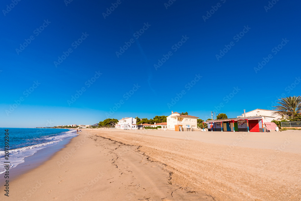 MIAMI PLATJA, SPAIN - SEPTEMBER 13, 2017: View of the sandy beach. Copy space for text.