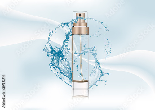 Vector illustration, empty bronze gold package for cosmetic products with pump, tube for lotion, tonic, cream. Realistic mockup of glass container with batcher. Abstract stylish gradient background.