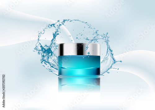Vector illustration. Cosmetic realistic glass cream jar,silver lid. Cosmetic beauty product package template. Realistic container on abstract stylish gradient background. Blue color, overflows.