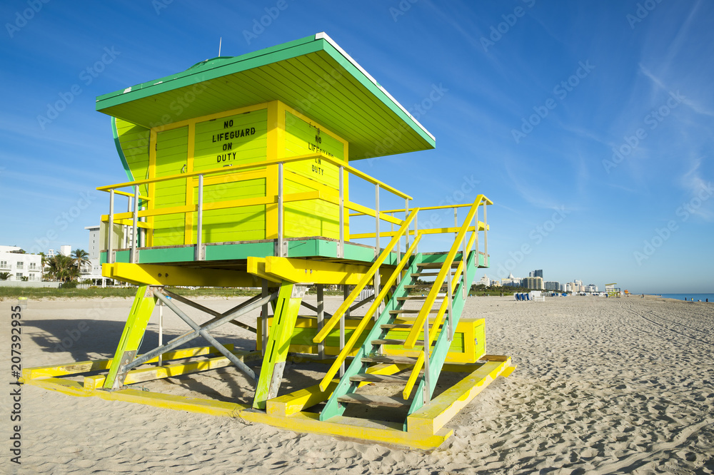 Scenic morning view of an iconic lifeguard tower in bright pastel colors on South Beach, Miami Scenic morning view of an iconic lifeguard tower in bright pastel colors on South Beach, Miami