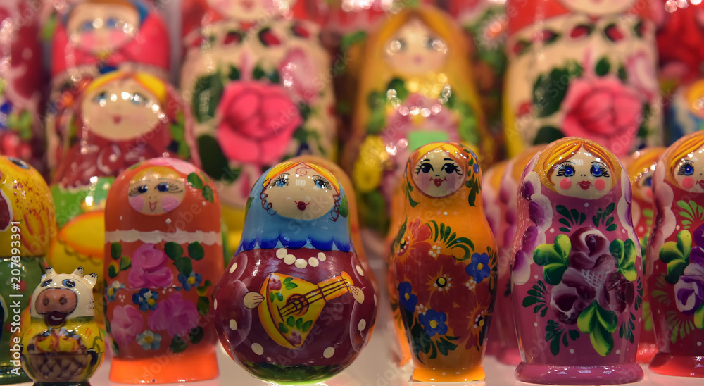 Souvenirs with Russian symbols in souvenir shop for tourists, Matryoshki
