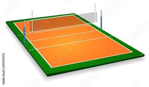 Perspective vector illustration of vollyball field court with net. Vector EPS 10. Room for copy